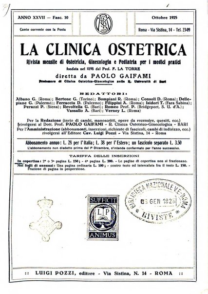 La clinica ostetrica rivista di ostetricia, ginecologia e pediatria. - A. 1, n. 1 (1899)-a. 40, n. 12 (dic. 1938)