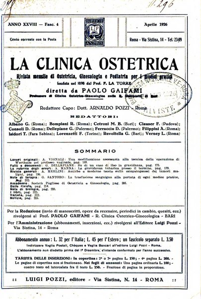 La clinica ostetrica rivista di ostetricia, ginecologia e pediatria. - A. 1, n. 1 (1899)-a. 40, n. 12 (dic. 1938)