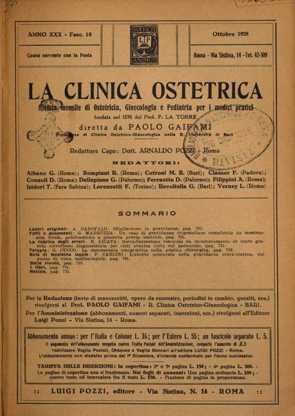 La clinica ostetrica rivista di ostetricia, ginecologia e pediatria. - A. 1, n. 1 (1899)-a. 40, n. 12 (dic. 1938)