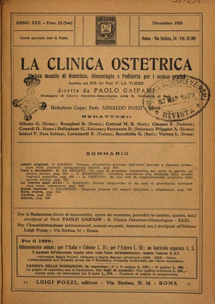 La clinica ostetrica rivista di ostetricia, ginecologia e pediatria. - A. 1, n. 1 (1899)-a. 40, n. 12 (dic. 1938)