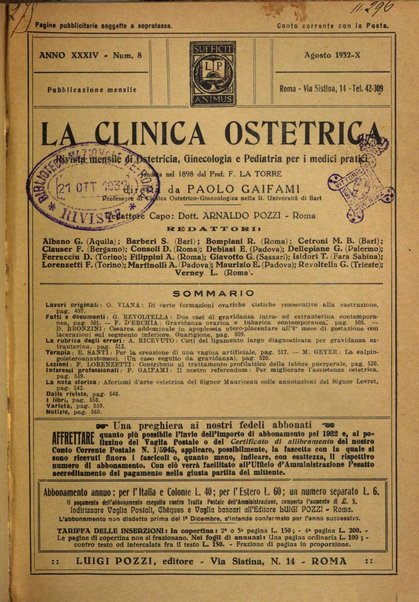 La clinica ostetrica rivista di ostetricia, ginecologia e pediatria. - A. 1, n. 1 (1899)-a. 40, n. 12 (dic. 1938)