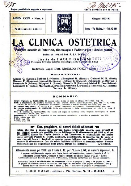 La clinica ostetrica rivista di ostetricia, ginecologia e pediatria. - A. 1, n. 1 (1899)-a. 40, n. 12 (dic. 1938)