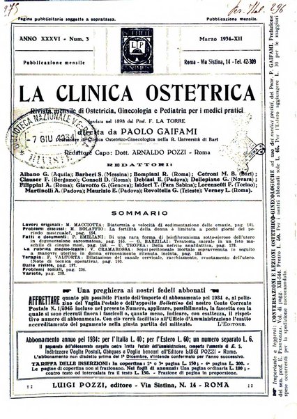 La clinica ostetrica rivista di ostetricia, ginecologia e pediatria. - A. 1, n. 1 (1899)-a. 40, n. 12 (dic. 1938)