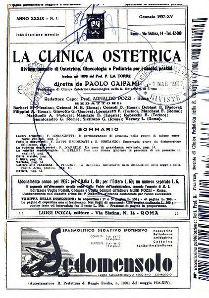 La clinica ostetrica rivista di ostetricia, ginecologia e pediatria. - A. 1, n. 1 (1899)-a. 40, n. 12 (dic. 1938)