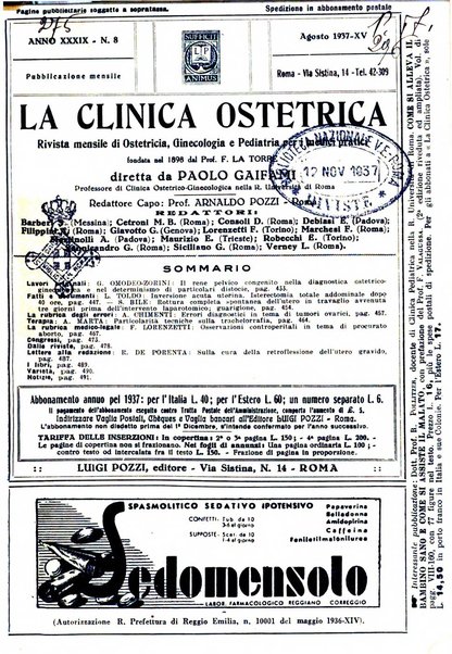 La clinica ostetrica rivista di ostetricia, ginecologia e pediatria. - A. 1, n. 1 (1899)-a. 40, n. 12 (dic. 1938)