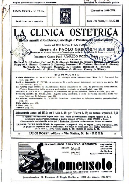 La clinica ostetrica rivista di ostetricia, ginecologia e pediatria. - A. 1, n. 1 (1899)-a. 40, n. 12 (dic. 1938)