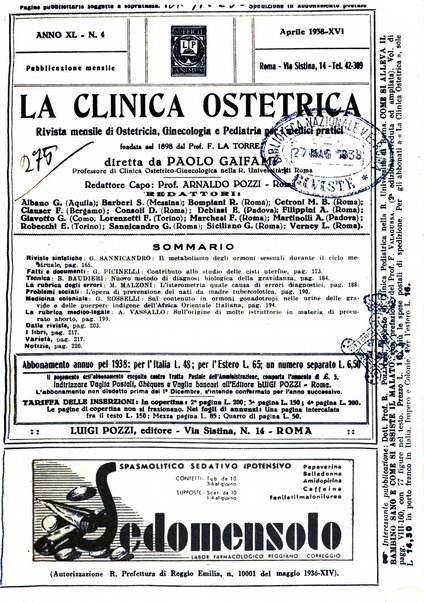 La clinica ostetrica rivista di ostetricia, ginecologia e pediatria. - A. 1, n. 1 (1899)-a. 40, n. 12 (dic. 1938)