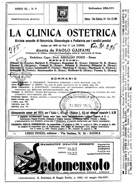 La clinica ostetrica rivista di ostetricia, ginecologia e pediatria. - A. 1, n. 1 (1899)-a. 40, n. 12 (dic. 1938)