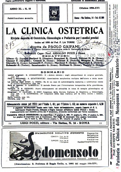 La clinica ostetrica rivista di ostetricia, ginecologia e pediatria. - A. 1, n. 1 (1899)-a. 40, n. 12 (dic. 1938)