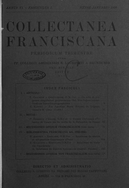 Collectanea franciscana periodicum trimestre PP. Collegii Assisiensis S. Laurentii a Brundusio Ord. min. cap. editum