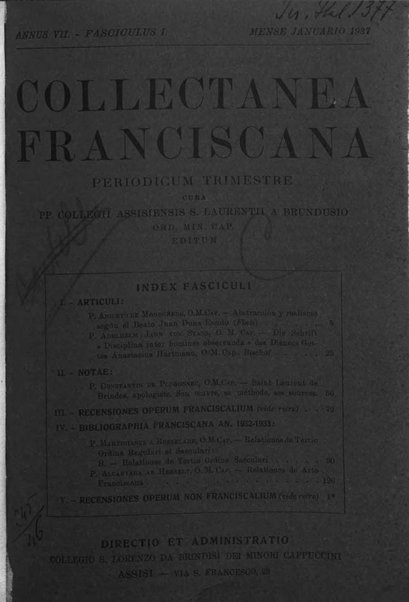 Collectanea franciscana periodicum trimestre PP. Collegii Assisiensis S. Laurentii a Brundusio Ord. min. cap. editum