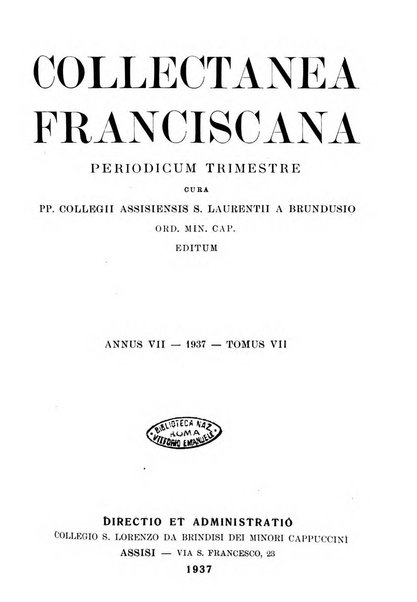 Collectanea franciscana periodicum trimestre PP. Collegii Assisiensis S. Laurentii a Brundusio Ord. min. cap. editum