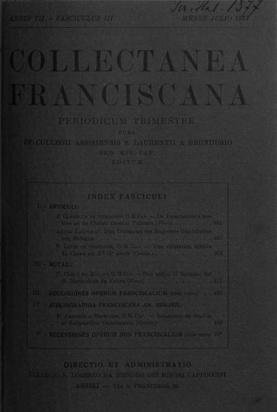 Collectanea franciscana periodicum trimestre PP. Collegii Assisiensis S. Laurentii a Brundusio Ord. min. cap. editum