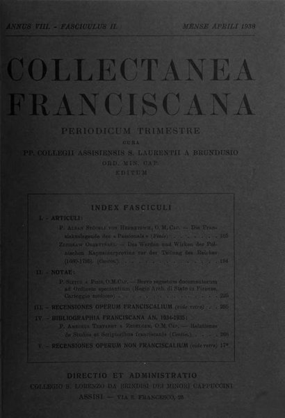 Collectanea franciscana periodicum trimestre PP. Collegii Assisiensis S. Laurentii a Brundusio Ord. min. cap. editum