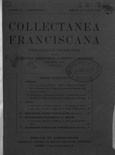 Collectanea franciscana periodicum trimestre PP. Collegii Assisiensis S. Laurentii a Brundusio Ord. min. cap. editum