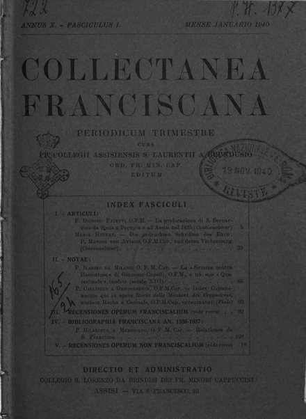 Collectanea franciscana periodicum trimestre PP. Collegii Assisiensis S. Laurentii a Brundusio Ord. min. cap. editum