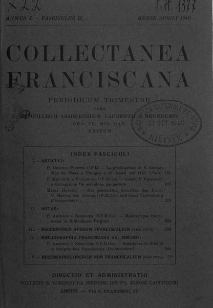 Collectanea franciscana periodicum trimestre PP. Collegii Assisiensis S. Laurentii a Brundusio Ord. min. cap. editum