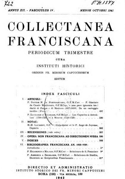 Collectanea franciscana periodicum trimestre PP. Collegii Assisiensis S. Laurentii a Brundusio Ord. min. cap. editum