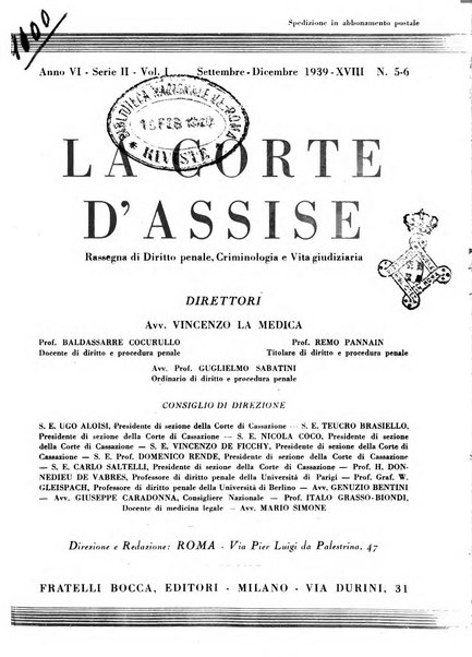 La Corte d'assise rassegna bimestrale di diritto penale di scienze criminali e di vita giudiziaria