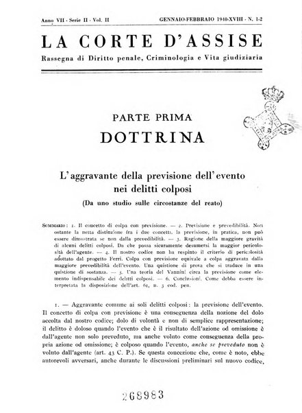 La Corte d'assise rassegna bimestrale di diritto penale di scienze criminali e di vita giudiziaria