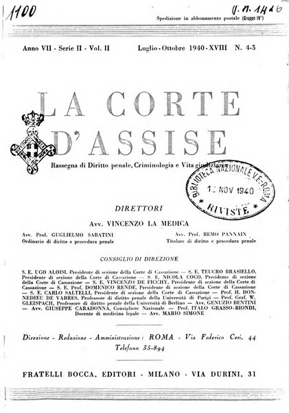 La Corte d'assise rassegna bimestrale di diritto penale di scienze criminali e di vita giudiziaria