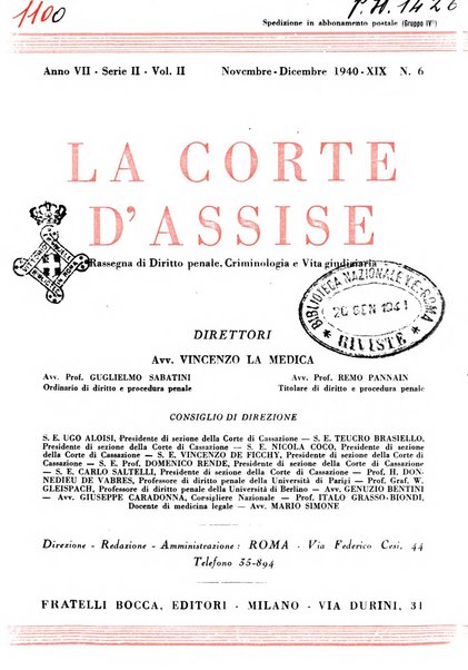 La Corte d'assise rassegna bimestrale di diritto penale di scienze criminali e di vita giudiziaria