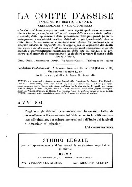 La Corte d'assise rassegna bimestrale di diritto penale di scienze criminali e di vita giudiziaria