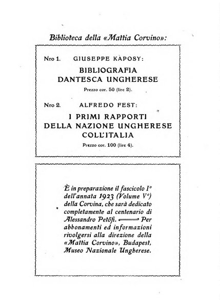 Corvina rivista di scienze, lettere ed arti della Società ungherese-italiana Mattia Corvino