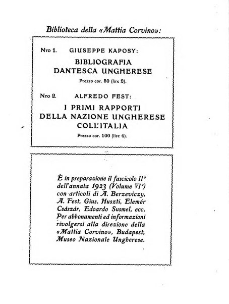 Corvina rivista di scienze, lettere ed arti della Società ungherese-italiana Mattia Corvino