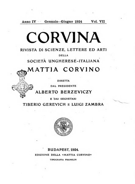 Corvina rivista di scienze, lettere ed arti della Società ungherese-italiana Mattia Corvino