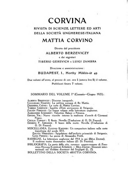 Corvina rivista di scienze, lettere ed arti della Società ungherese-italiana Mattia Corvino