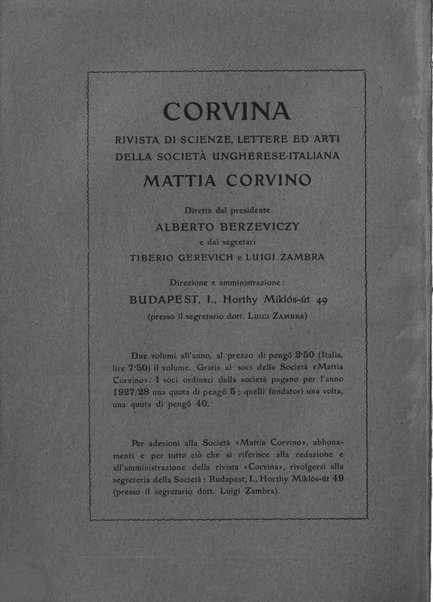 Corvina rivista di scienze, lettere ed arti della Società ungherese-italiana Mattia Corvino