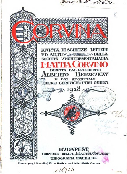 Corvina rivista di scienze, lettere ed arti della Società ungherese-italiana Mattia Corvino