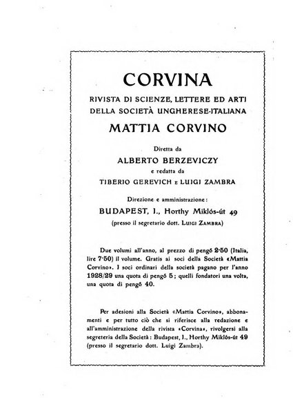 Corvina rivista di scienze, lettere ed arti della Società ungherese-italiana Mattia Corvino