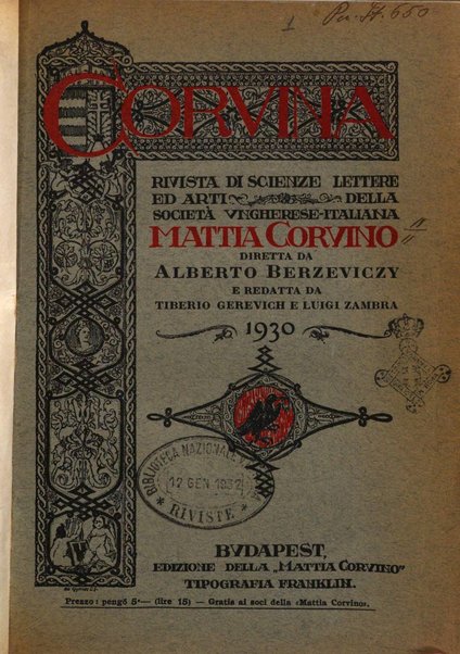 Corvina rivista di scienze, lettere ed arti della Società ungherese-italiana Mattia Corvino