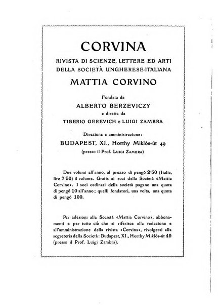 Corvina rivista di scienze, lettere ed arti della Società ungherese-italiana Mattia Corvino