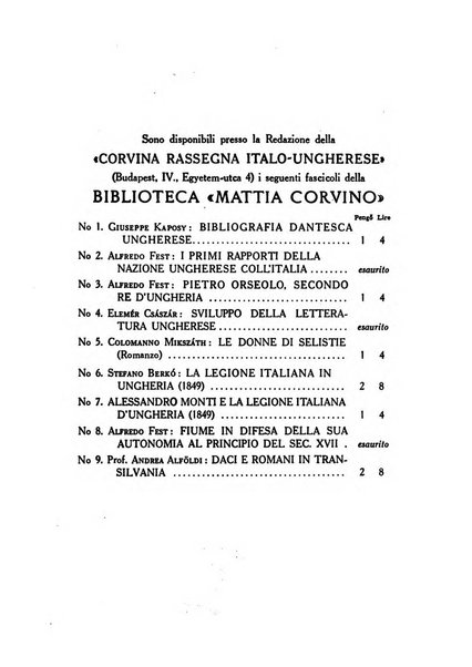 Corvina rivista di scienze, lettere ed arti della Società ungherese-italiana Mattia Corvino