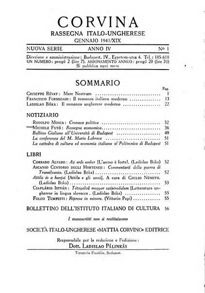 Corvina rivista di scienze, lettere ed arti della Società ungherese-italiana Mattia Corvino