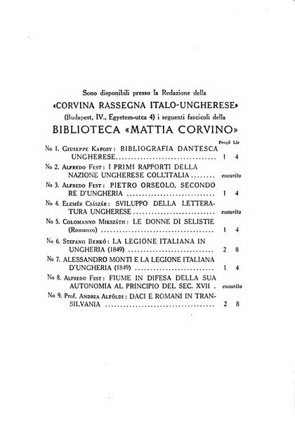 Corvina rivista di scienze, lettere ed arti della Società ungherese-italiana Mattia Corvino