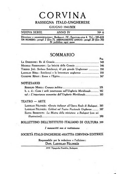 Corvina rivista di scienze, lettere ed arti della Società ungherese-italiana Mattia Corvino