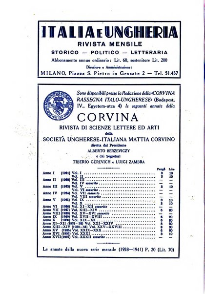 Corvina rivista di scienze, lettere ed arti della Società ungherese-italiana Mattia Corvino