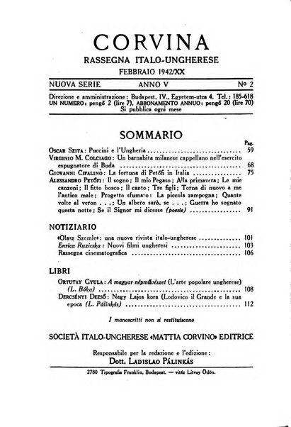 Corvina rivista di scienze, lettere ed arti della Società ungherese-italiana Mattia Corvino