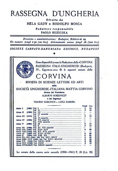 Corvina rivista di scienze, lettere ed arti della Società ungherese-italiana Mattia Corvino