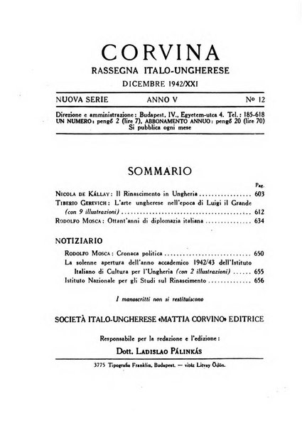 Corvina rivista di scienze, lettere ed arti della Società ungherese-italiana Mattia Corvino