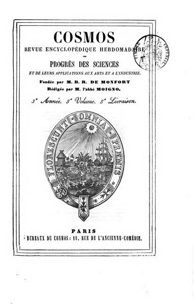 Le cosmos revue encyclopedique hebdomadaire des progres des sciences et de leurs applications aux arts et a l'industrie