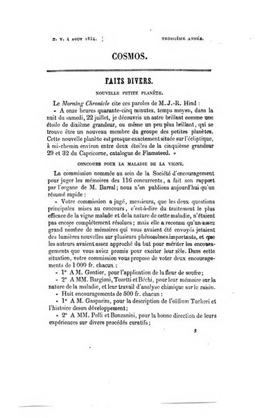 Le cosmos revue encyclopedique hebdomadaire des progres des sciences et de leurs applications aux arts et a l'industrie