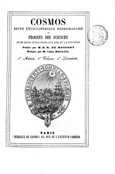 Le cosmos revue encyclopedique hebdomadaire des progres des sciences et de leurs applications aux arts et a l'industrie