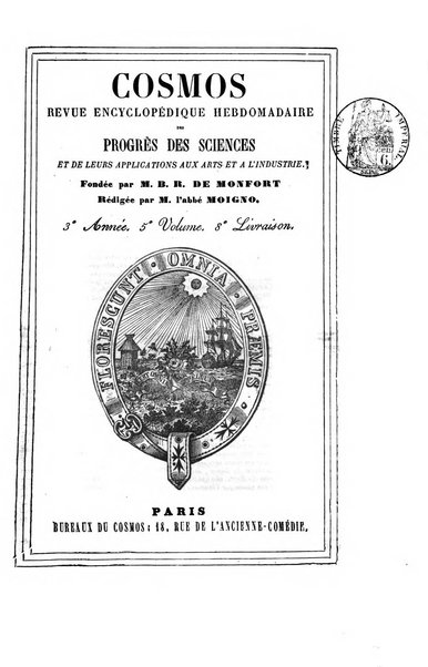 Le cosmos revue encyclopedique hebdomadaire des progres des sciences et de leurs applications aux arts et a l'industrie