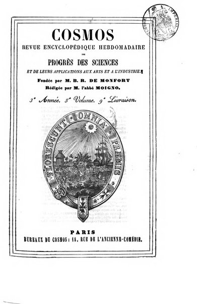 Le cosmos revue encyclopedique hebdomadaire des progres des sciences et de leurs applications aux arts et a l'industrie