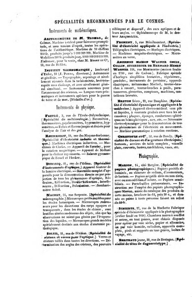 Le cosmos revue encyclopedique hebdomadaire des progres des sciences et de leurs applications aux arts et a l'industrie